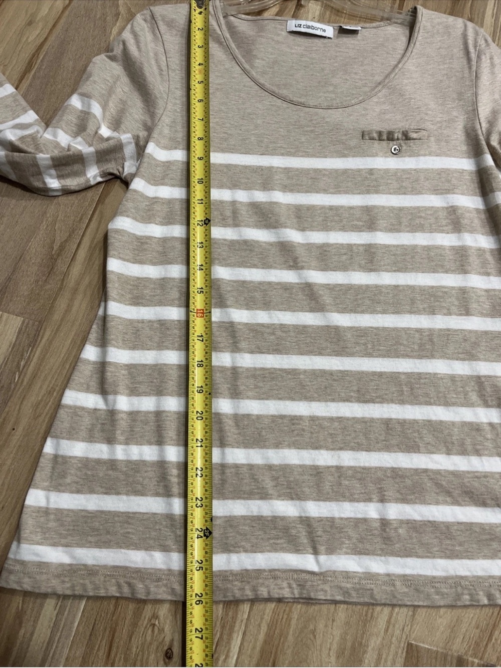 Liz Claiborne Beige and White Striped Scoop Neck 3/4 Sleeve Top - Picture 9 of 10